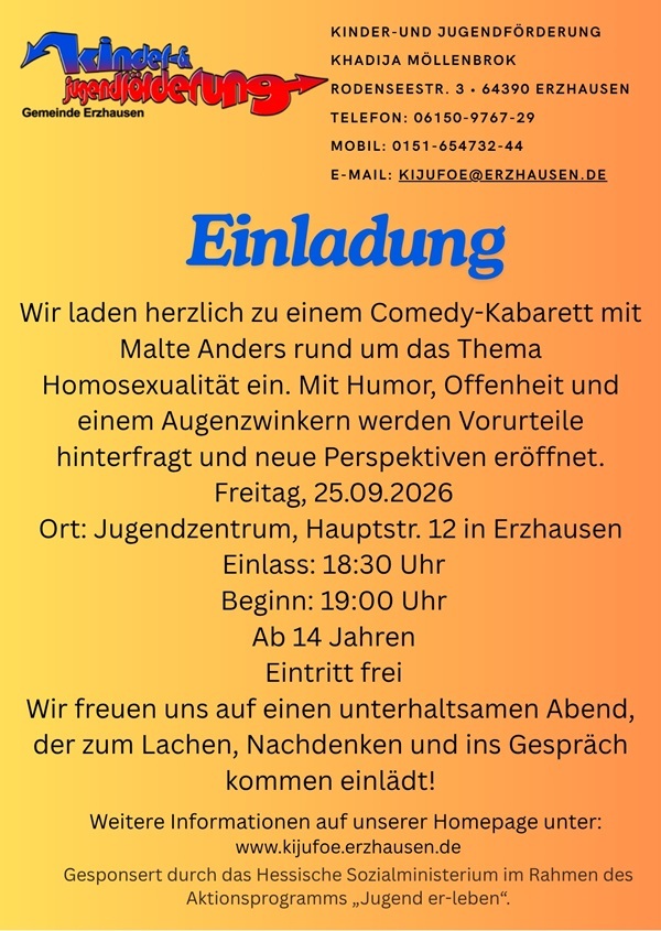 Wir laden herzlich zu einem kostenfreien Comedy-Kabarett rund um das Thema Homosexualität ein. Mit Humor, Offenheit und einem Augenzwinkern werden Vorurteile hinterfragt und neue Perspektiven eröffnet. 📅 Freitag, 25.09.2026 🕡 Einlass: 18:30 Uhr 🎤 - 1