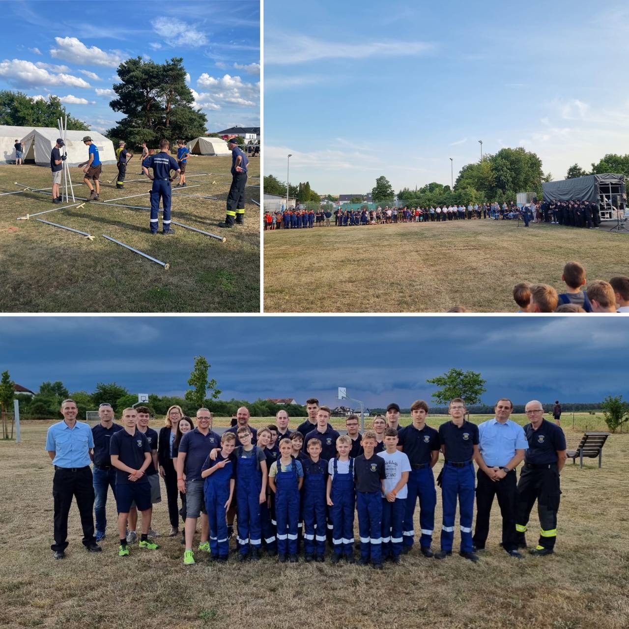 Kreisjugendfeuerwehrtag 2024 - Zeltaufbau, Mannschaftsbild bei der Begrüßung